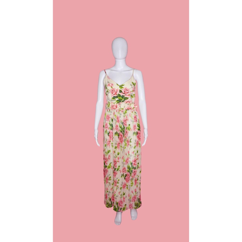 1990s BETSEY JOHNSON. Rose Print Maxi Dress W/PLEATED Skirt & Belt. S-M. AS IS